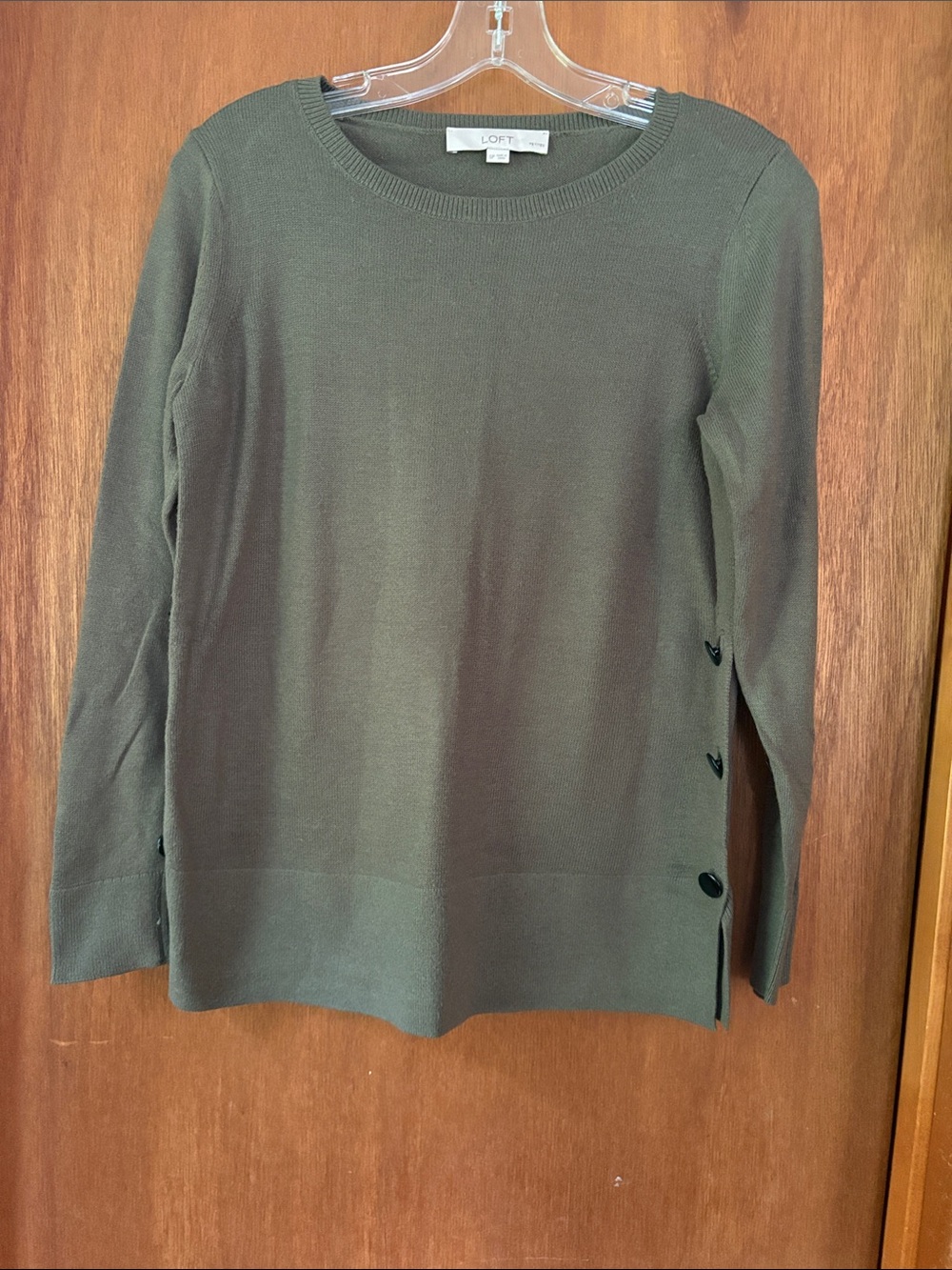 LOFT Olive Green Crewneck Knit Top with Side Button Accents
